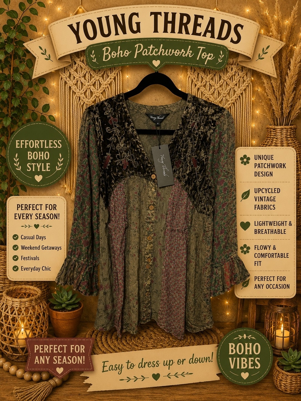 193 Young Threads Olive Multi Patchwork Boho Blouse